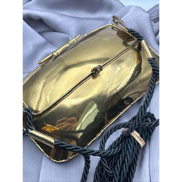 Vintage Oval Bag Golden Black Brass Onyx Stone Small Strap Black Nylon 4*7 - Picture 4 of 7